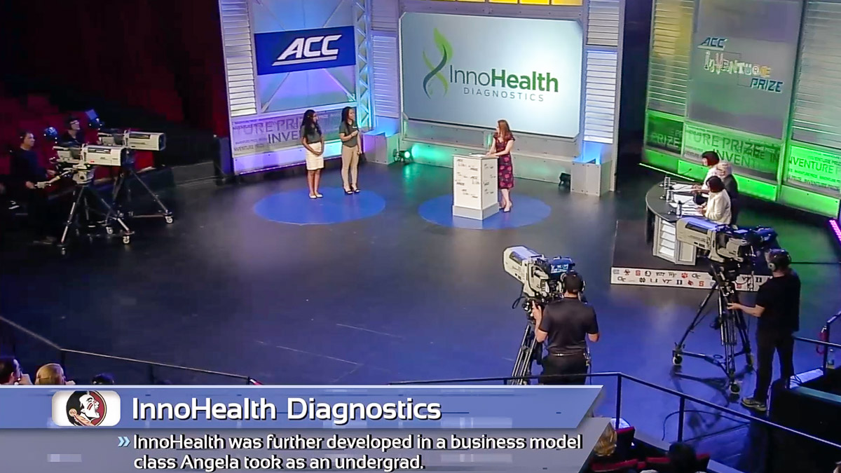FSU's Nkechi Emetuche and Angela Udongwo pitch their business InnoHealth Diagnostics to a panel of judges during the 2019 ACC InVenture Prize competition in Raleigh, North Carolina. (Georgia Public Broadcasting)