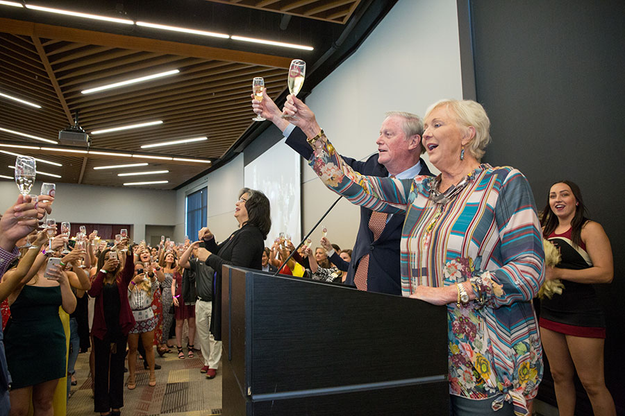 FSU President John Thrasher and First Lady Jean Thrasher raise their glasses in a toast to the graduating Class of 2019. (FSU Photography Services)