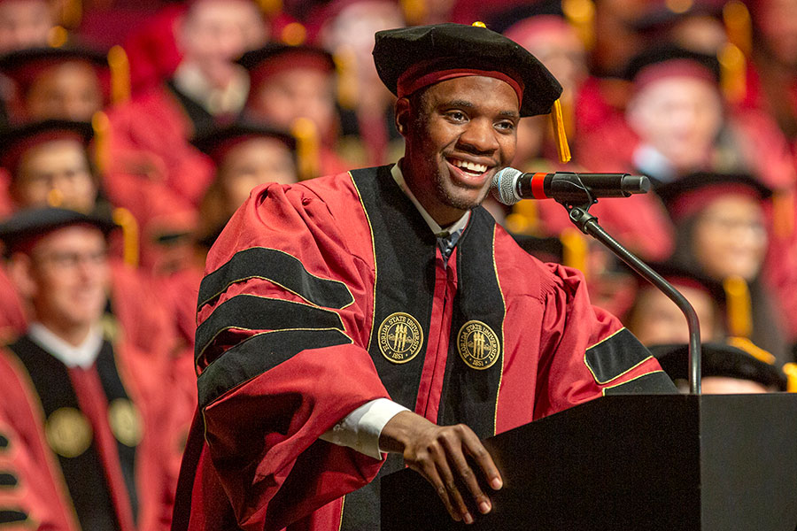 Class President Bryno Gay addresses his fellow graduates at College of Medicine commencement May 18, 2019. (FSU Photography Services)
