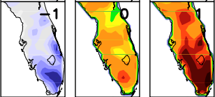 The evolution of wet season rainfall (mm/day) shown one day before, day of onset and one day after onset over peninsular Florida, a region with robust seasonal cycle. A better understanding of these types of climate processes could aid state utilities as they seek to make optimum decisions about water resource allocation.