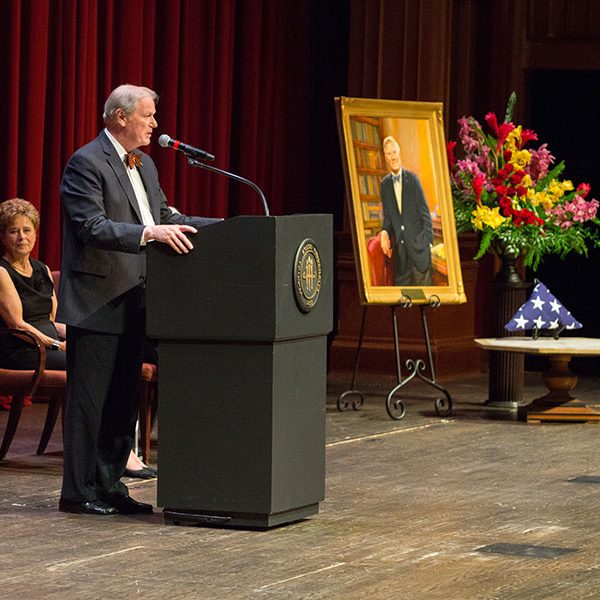 FSU President John Thrasher shares his remembrances of Sandy D'Alemberte during a Celebration of Life service Wednesday, June 5, 2019, at Ruby Diamond Concert Hall. (FSU Photography Services)