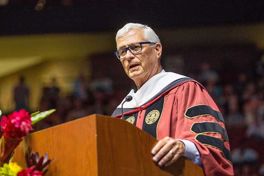 Speaker Allan Bense addresses graduates during Florida State's summer commencement ceremony Friday, Aug. 2, 2019. (FSU Photography Services)