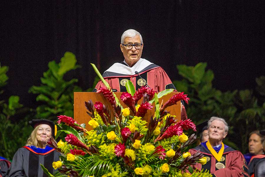 Speaker Allan Bense addresses graduates during Florida State's summer commencement ceremony Friday, Aug. 2, 2019. (FSU Photography Services)