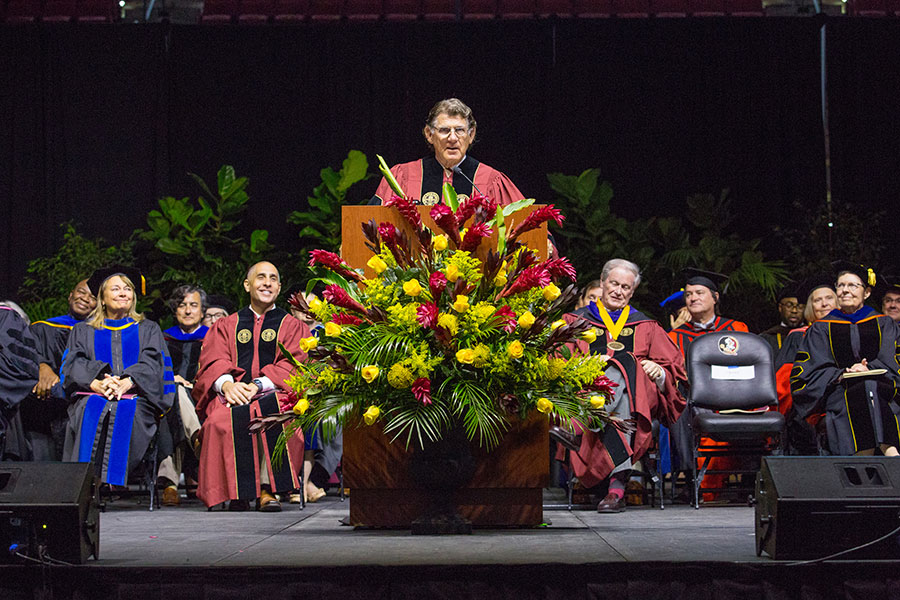 Retired Lt. Col. John Crowe speaks to graduates during FSU's summer commencement ceremony Saturday, Aug. 3, 2019. (FSU Photography Services)