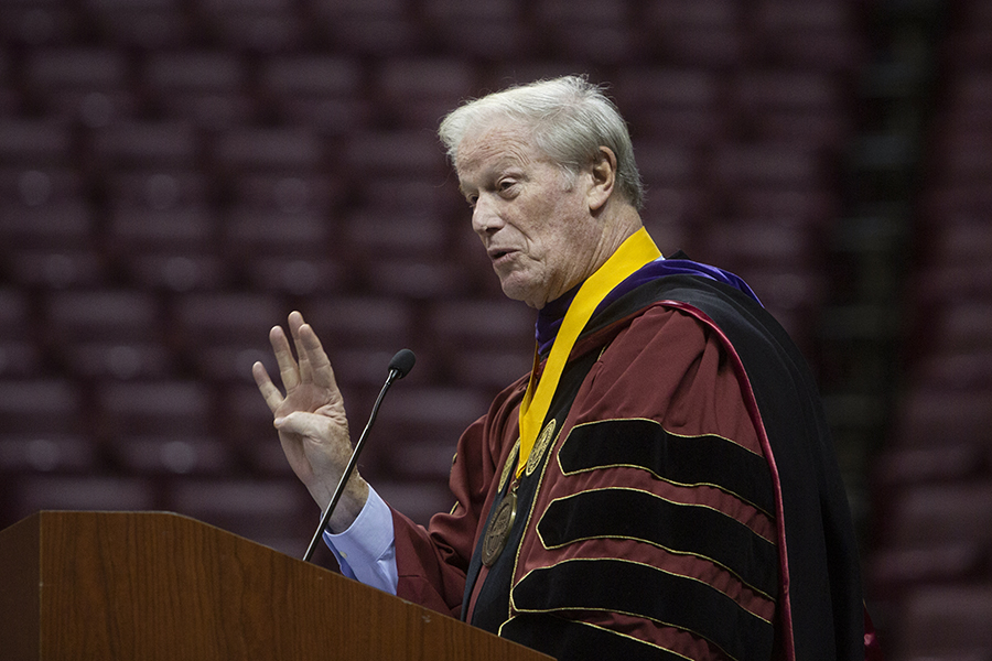 FSU President John Thrasher offers closing remarks at New Student Convocation Sunday, Aug. 25, 2019, at the Donald L. Tucker Civic Center. (FSU Photography Services)