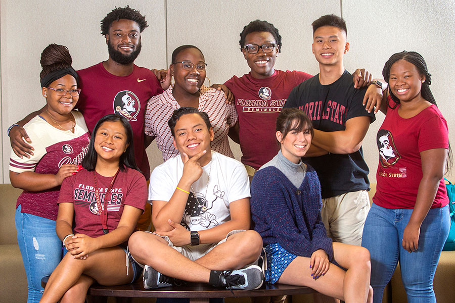 Back row, L-R: Jha'Lia Wray, Jasen Lewis, Geneve Pierre, Terrell Lamar, Daniel Le, Lauryn Latimer. Front row, L-R: Sheila Gomez, Charles Williams, Michaela Hejduk. (FSU Photography Services)