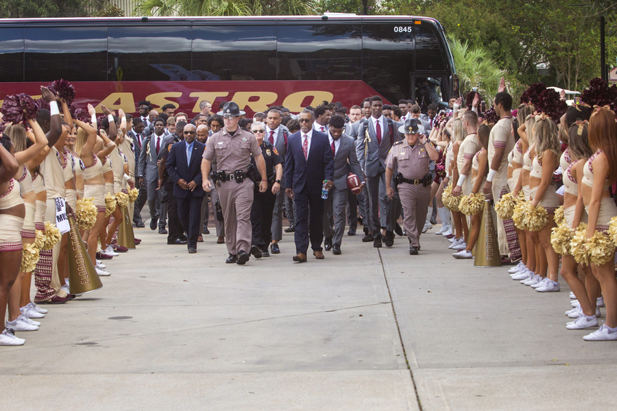 FSU Football players arrive at the Legacy Team Walk before the Louisville game Sept. 21, 2019. (FSU Photography Services)