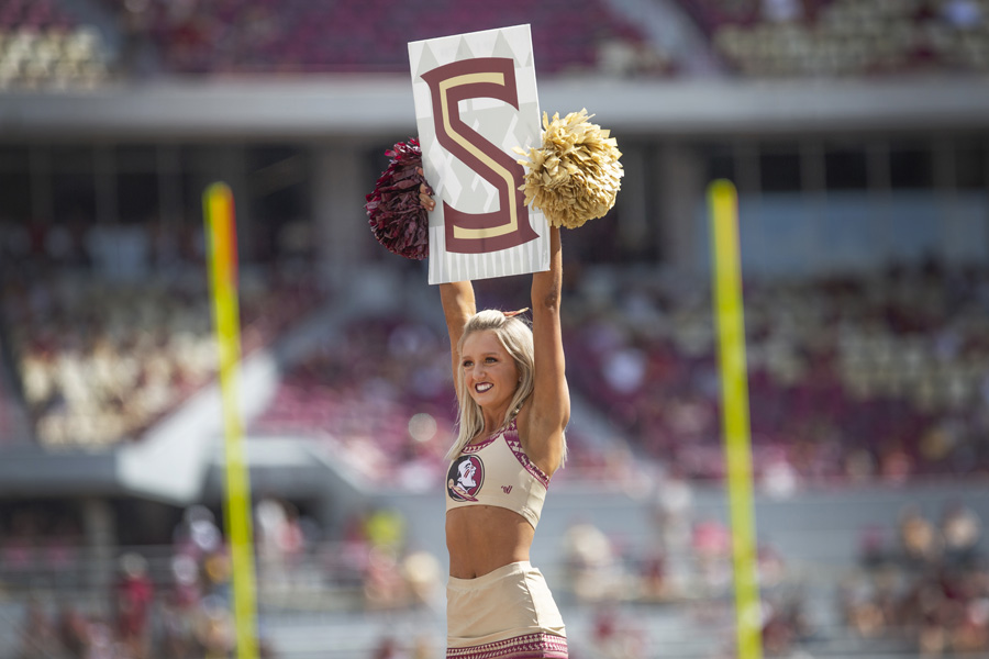 FSU Cheerleaders pump up the crowd during the Louisville game Sept. 21, 2019. (FSU Photography Services)