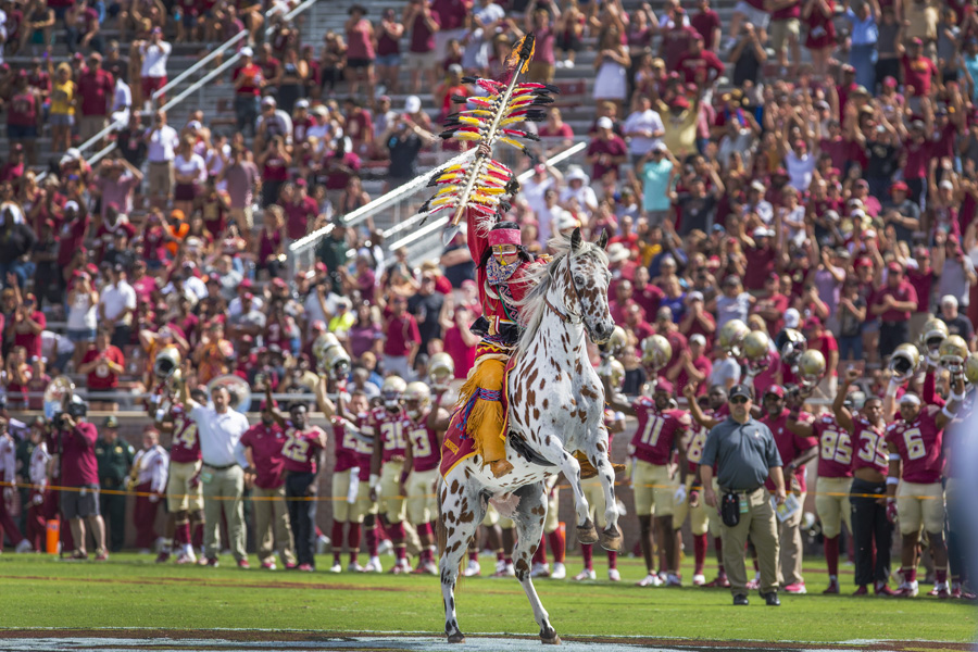 Osceola and Renegade ride onto the field at the Louisville game Sept. 21, 2019. (FSU Photography Services)