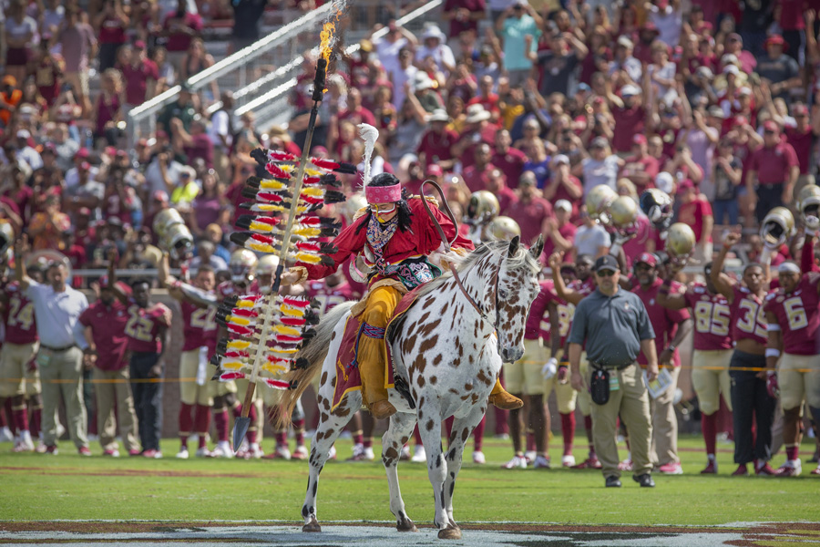Osceola and Renegade ride onto the field at the Louisville game Sept. 21, 2019. (FSU Photography Services)