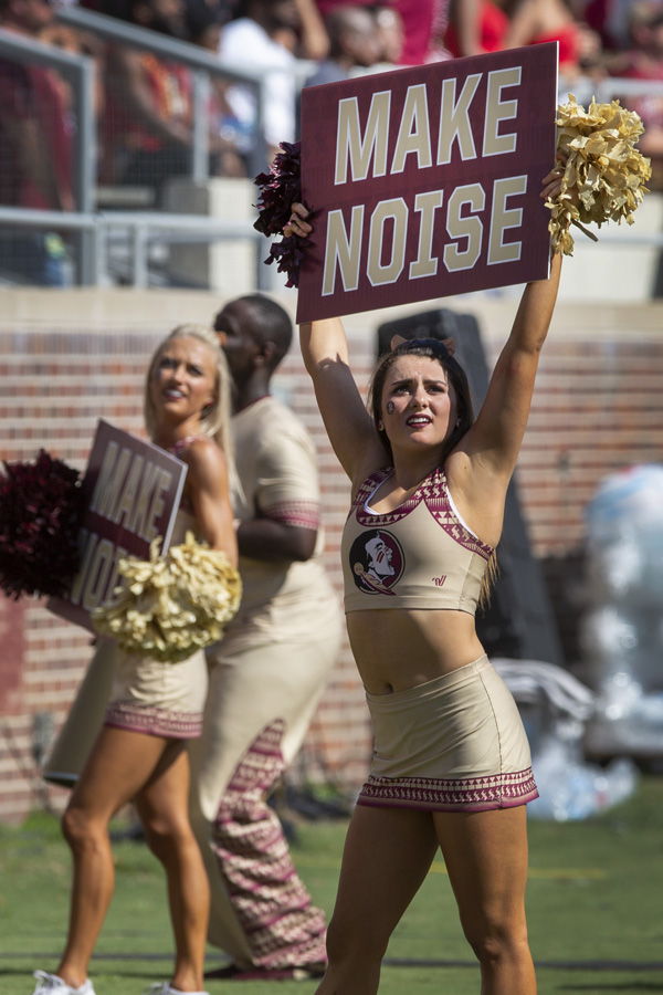 FSU Cheerleaders pump up the crowd during the Louisville game Sept. 21, 2019. (FSU Photography Services)