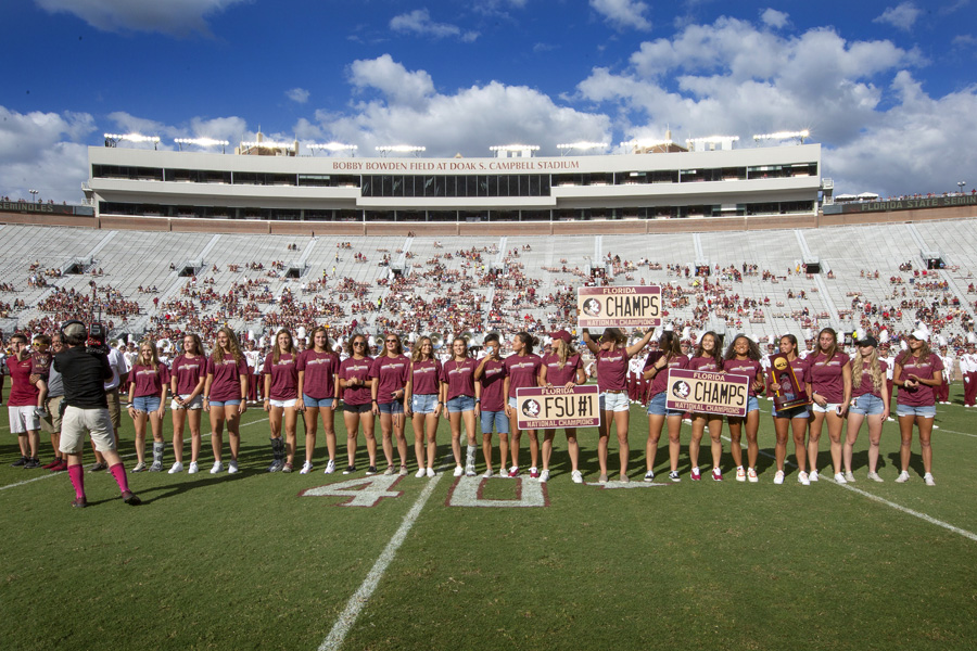 FSU's 2018 NCAA Women's Soccer National Champions were recognized during halftime of the FSU-Louisville football game Sept. 21, 2019. (FSU Photography Services)