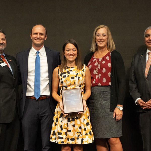 Members of the Graduation Completion Campaign team are recognized at the 2019 TaxWatch Productivity Awards. From left: Dominic M. Calabro, President and CEO of Florida TaxWatch; Assistant Provost Joe O’Shea; Jill Flees, director of the Graduation Planning and Strategies Office; Graduation Specialist Lynn Helton; Piyush Patel, President and CEO of Kyra Solutions, Inc.