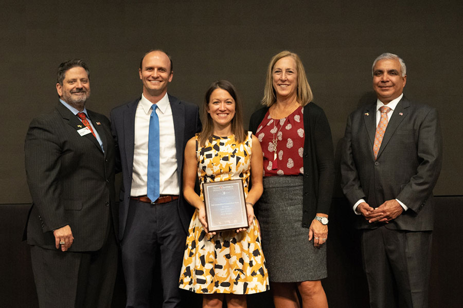 Members of the Graduation Completion Campaign team are recognized at the 2019 TaxWatch Productivity Awards. From left: Dominic M. Calabro, President and CEO of Florida TaxWatch; Assistant Provost Joe O’Shea; Jill Flees, director of the Graduation Planning and Strategies Office; Graduation Specialist Lynn Helton; Piyush Patel, President and CEO of Kyra Solutions, Inc.