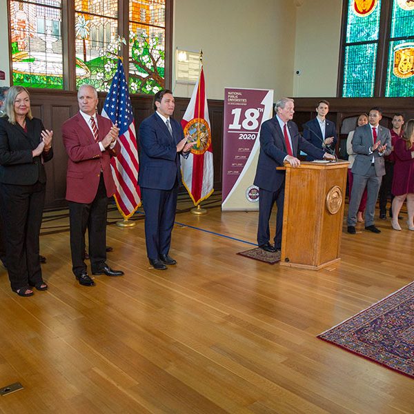 President John Thrasher joined Gov. Ron DeSantis and other state officials, longtime faculty, key administrators and staff members, and high-achieving students at Florida State University’s historic Dodd Hall Sept. 9, 2019, to celebrate FSU’s ascent to No. 18 among national public universities in the latest U.S. News & World Report rankings. (FSU Photography Services)