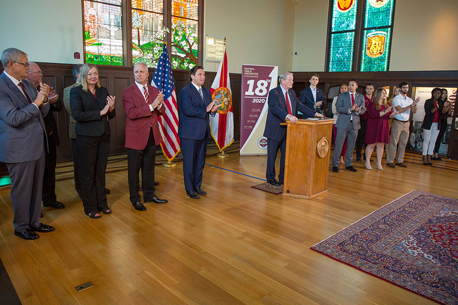 President John Thrasher joined Gov. Ron DeSantis and other state officials, longtime faculty, key administrators and staff members, and high-achieving students at Florida State University’s historic Dodd Hall Sept. 9, 2019, to celebrate FSU’s ascent to No. 18 among national public universities in the latest U.S. News & World Report rankings. (FSU Photography Services)