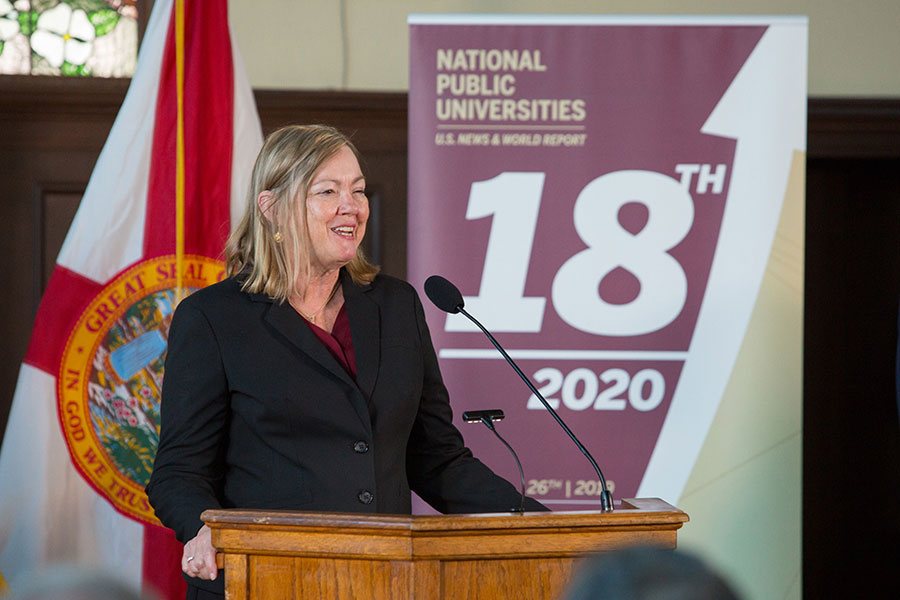 Provost Sally McRorie speaks during a news conference Sept. 9, 2019 to celebrate FSU's rise to No. 18 in the U.S. News & World Report rankings of national public universities. (FSU Photography)