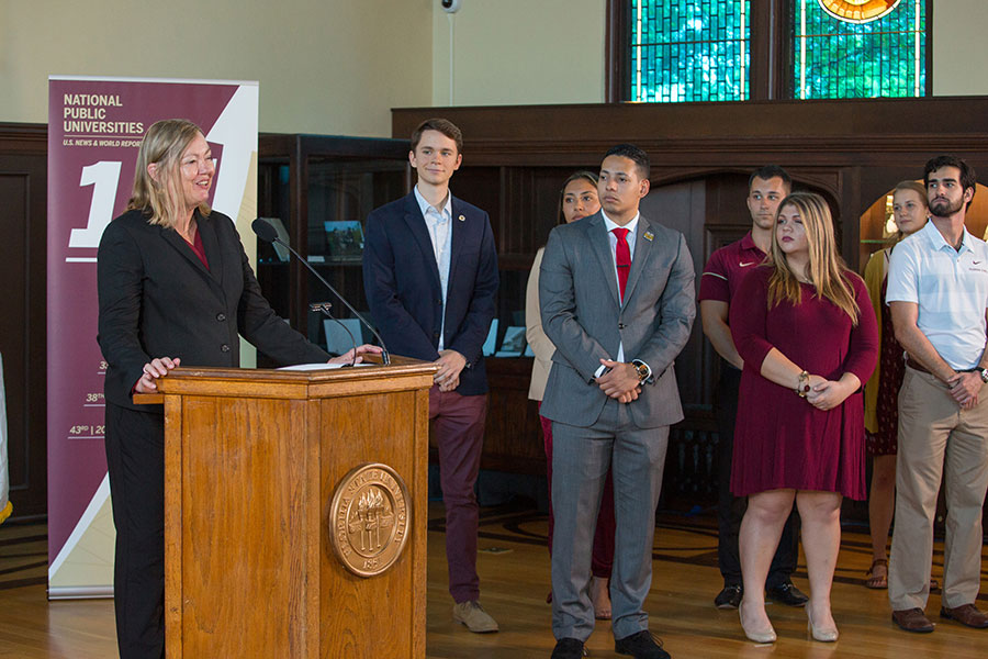 Provost Sally McRorie praised the Division of Academic Affairs team for their work in championing student success, the primary factor in FSU's ascent in the U.S. News rankings, during a news conference Sept. 9, 2019. (FSU Photography Services)