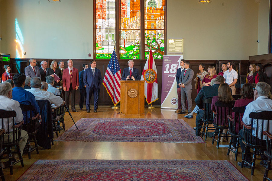 President John Thrasher congratulates faculty, staff and students on FSU's rise to No. 18 in the U.S. News & World Report rankings of national public universities during a news conference Sept. 9, 2019. (FSU Photography)