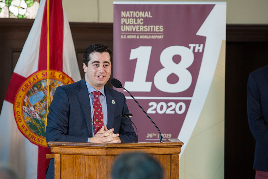 FSU SGA President Evan Steinberg speaks during a news conference Sept. 9, 2019 to celebrate FSU's rise to No. 18 in the U.S. News & World Report rankings of national public universities. (FSU Photography)