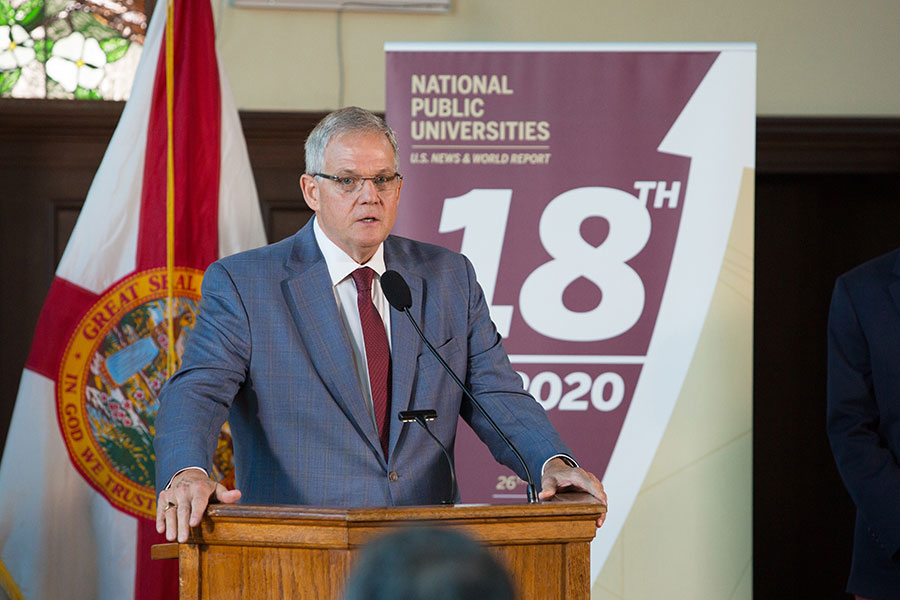 SUS Chancellor Marshall M. Criser III speaks during a news conference Sept. 9, 2019 to celebrate FSU's rise to No. 18 in the U.S. News & World Report rankings of national public universities. (FSU Photography)