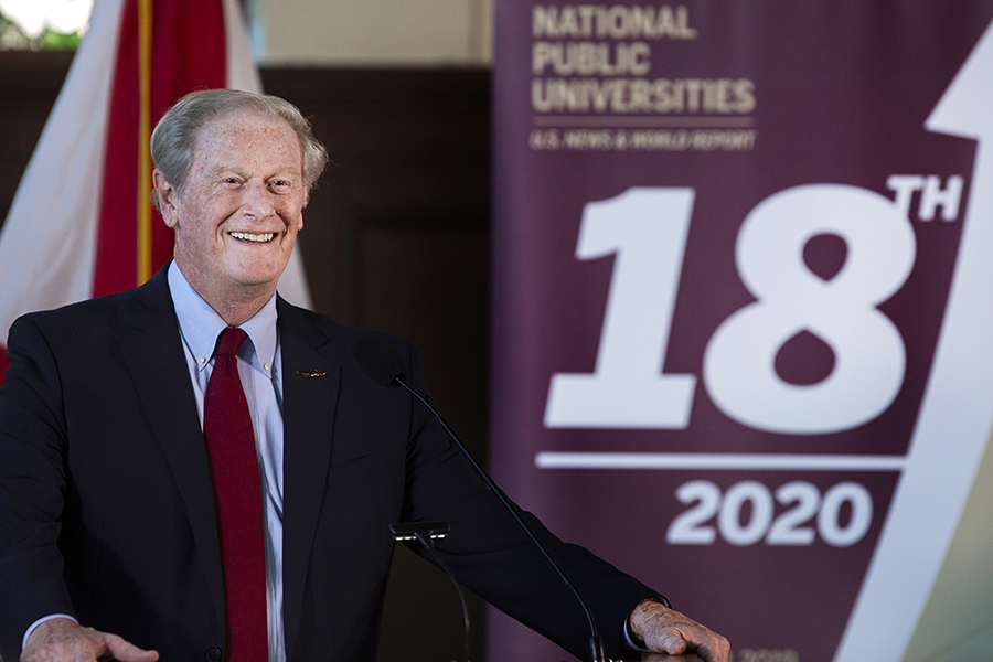 President John Thrasher congratulates faculty, staff and students on FSU's rise to No. 18 in the U.S. News & World Report rankings of national public universities during a news conference Sept. 9, 2019. (FSU Photography)