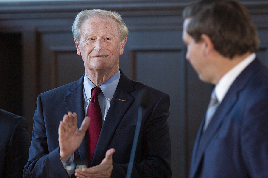 President John Thrasher looks on during a news conference Sept. 9, 2019 to celebrate FSU's rise to No. 18 in the U.S. News & World Report rankings of national public universities. (FSU Photography)