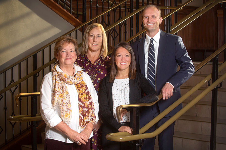 FSU’s graduation completion campaign has helped hundreds of students earn their degrees. The award-winning team includes (from left) Director of Retention Alice Wright; Graduation Specialist Lynn Helton; Jill Flees, director of the Graduation Planning and Strategies Office; and Assistant Provost Joe O’Shea.