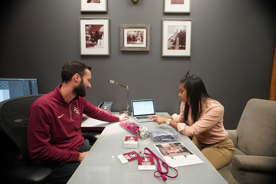 Intern Zekia Santiago and her InternFSU supervisor. Santiago, a senior majoring in recreation, tourism and events, interned as a marketing and outreach coordinator for the FSU Women’s Basketball Team through InternFSU. (The Career Center)