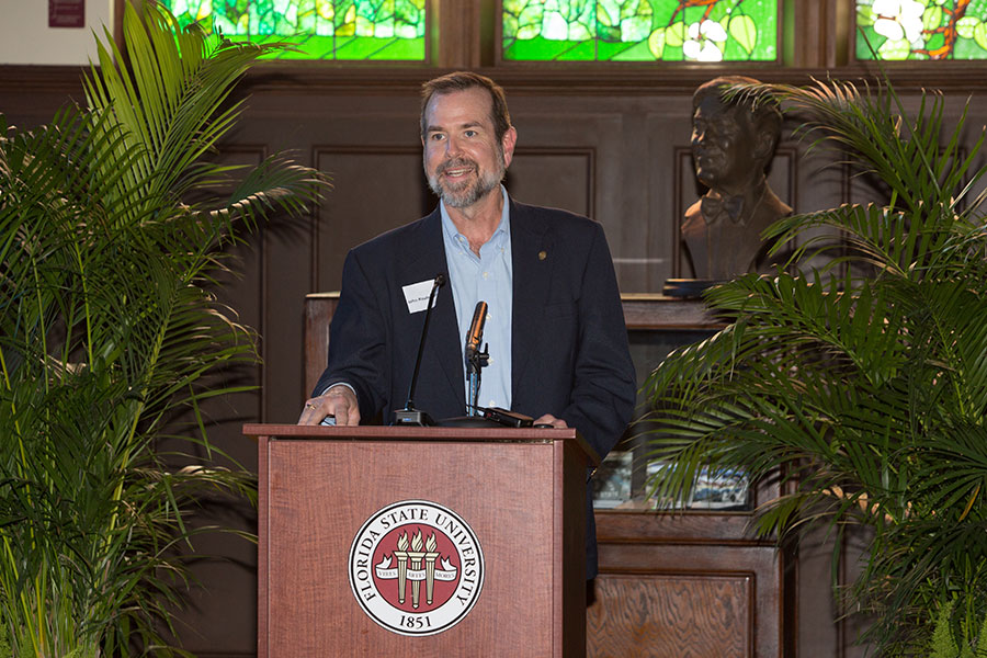 John Raulerson addressed guests at the Master Craftsman Studio's 20th anniversary reception Oct. 9, 2019, at the Heritage Museum in Dodd Hall. (FSU Photography Services)