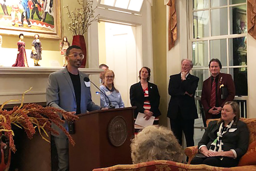Omar Mohammad Al Busaidy is one of nine new Fulbright students on campus this fall. Al Busaidy, from the United Arab Emirates, spoke during the Fulbright reception at the President’s House.