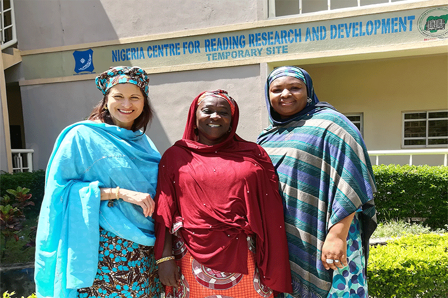 Ana Marty, left, a Learning Systems Institute research faculty member, at Bayero University in Kano, Nigeria, with university faculty members Talatu Musa Garba and Amina Adamu. Courtesy of Ana Marty.