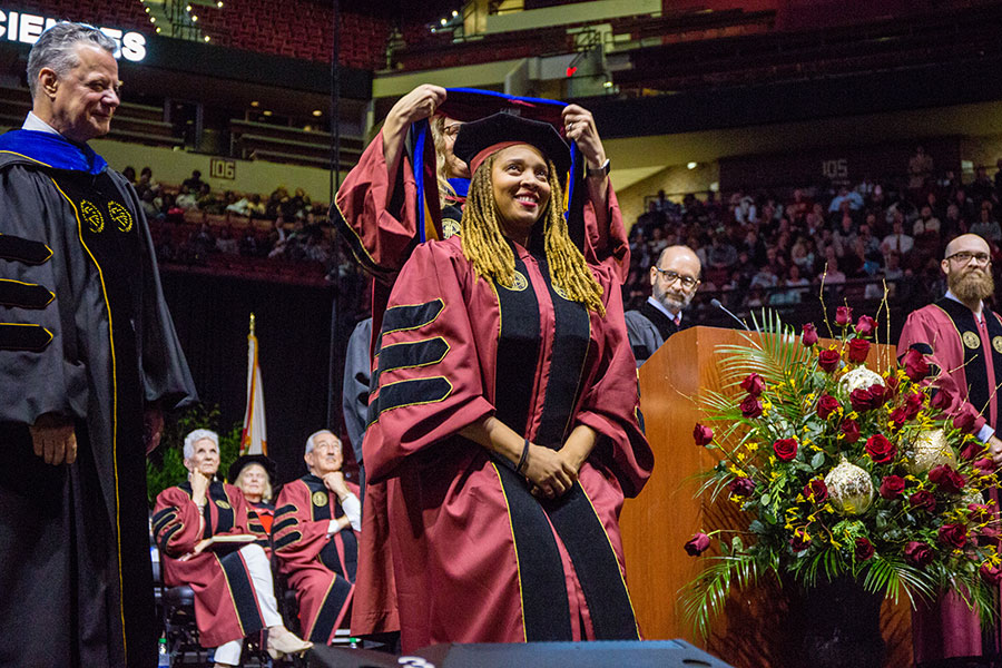 Eve Humphrey, who rose to national prominence when she joined with a local photographer in a photoshoot for her dissertation, was honored with her Ph.D in biology during the commencement ceremony Friday, Dec. 13, 2019. (FSU Photography Services/Bill Lax)