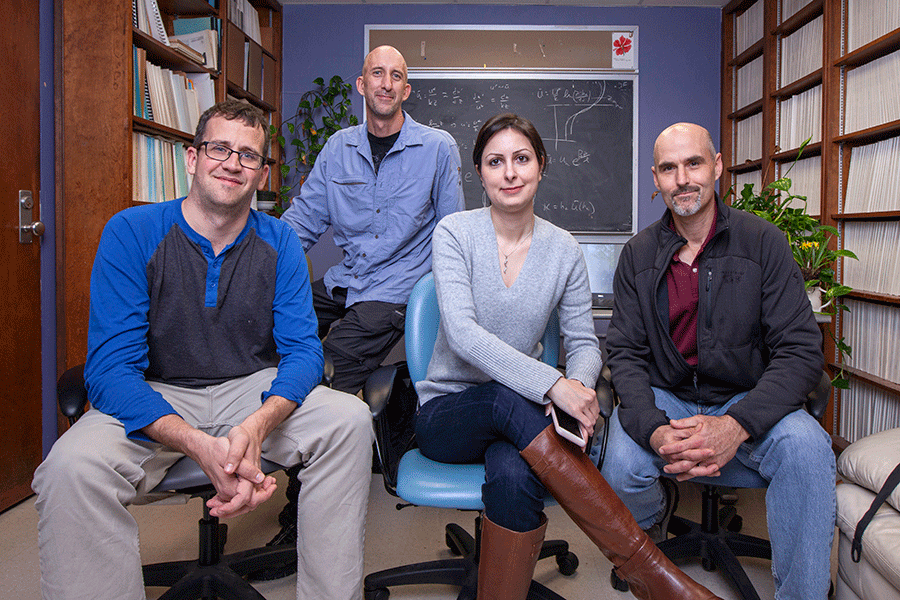 From left, Bryan Quaife, assistant professor of scientific computing, Rod Linn, of Los Alamos National Laboratory, Neda Yaghoobian, assistant professor of mechanical engineering at FAMU-FSU College of Engineering and Kevin Hiers, of the Tall Timbers Research Station & Land Conservancy, won a $2.2 million grant from the U.S. Department of Defense to study smoke plumes from prescribed fire. Photo by Mark Wallheiser / FAMU-FSU College of Engineering.