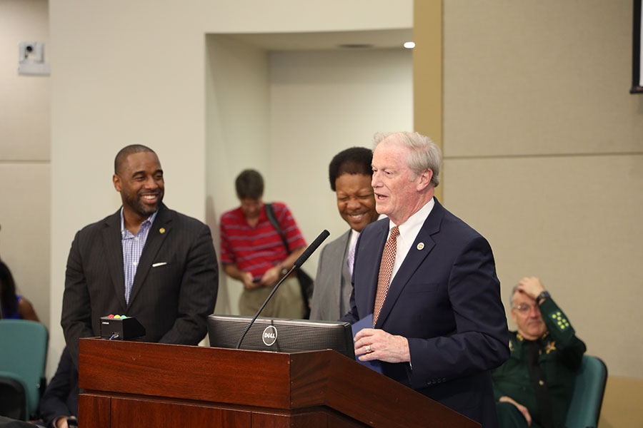 President John Thrasher addresses the Leon County Board of County Commissioners after commissioners Nick Maddox and Bill Proctor read the proclamation.