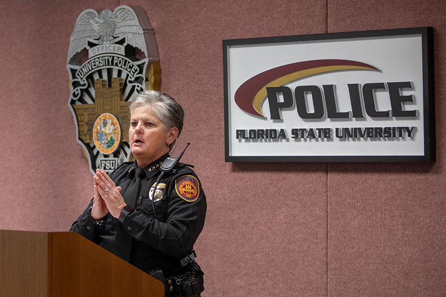 Florida State University Police Chief Terri Brown swore in five new police officers and the department’s first two K-9s during a ceremony Jan. 24, 2020. (FSU Photography Services)