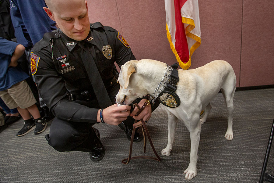 Florida State University Police Chief Terri Brown swore in five new police officers and the department’s first two K-9s during a ceremony Jan. 24, 2020. (FSU Photography Services)