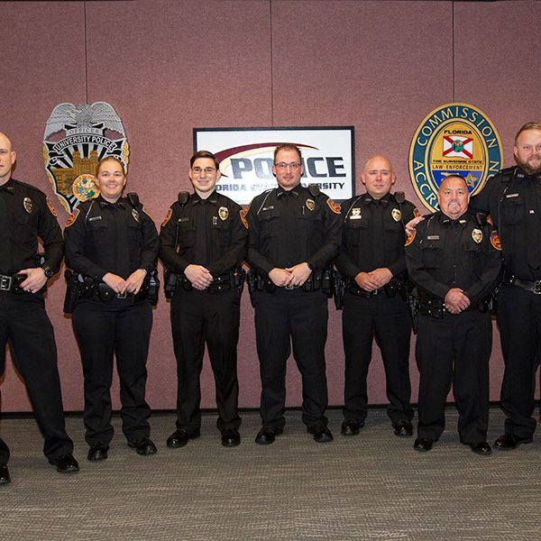 FSUPD swears in five new officers and two K-9s. From left: Chase Yarborough with K-9 Nera, Tiffany Spears, Craig Kistner, David Taczak, Matt Hedges, John Beeman and Adam Walker with Tomahawk. 2020