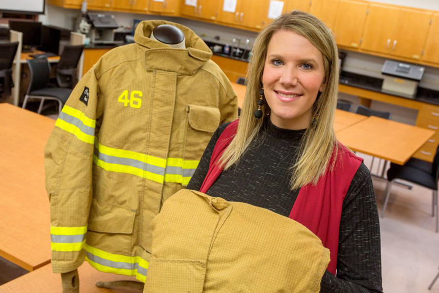 Meredith McQuerry, an assistant professor in the Jim Moran College of Entrepreneurship. Her research investigated the different problems male and female firefighters have with flexibility and range of motion in their protective equipment.