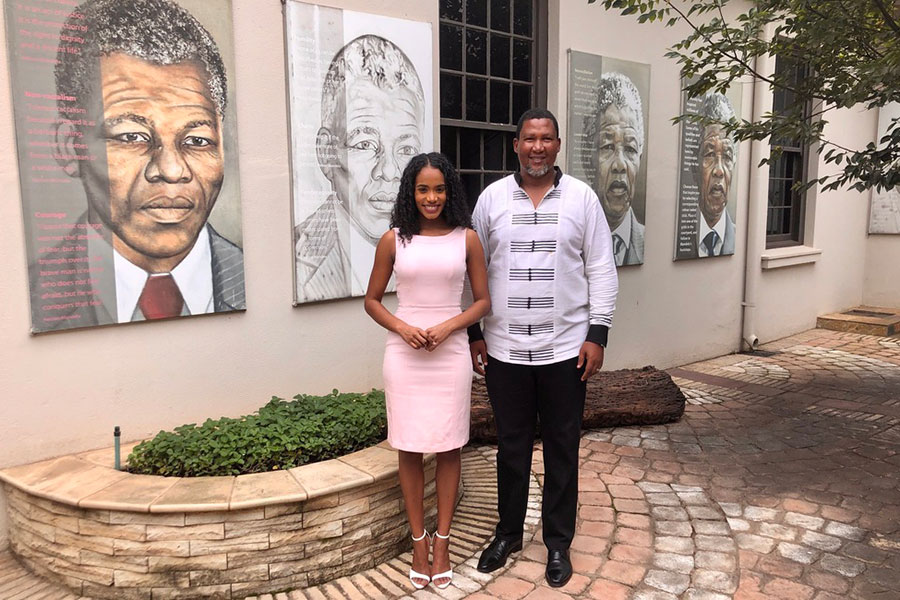 Toni-Ann Singh, the reigning Miss World, made her first official overseas visit to South Africa as a special guest of Chief Mandela, Nelson Mandela’s eldest grandson. (Credit: Miss World)