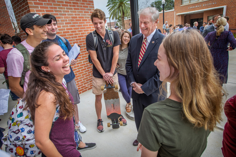 President Thrasher and students (FSU Photography Services)