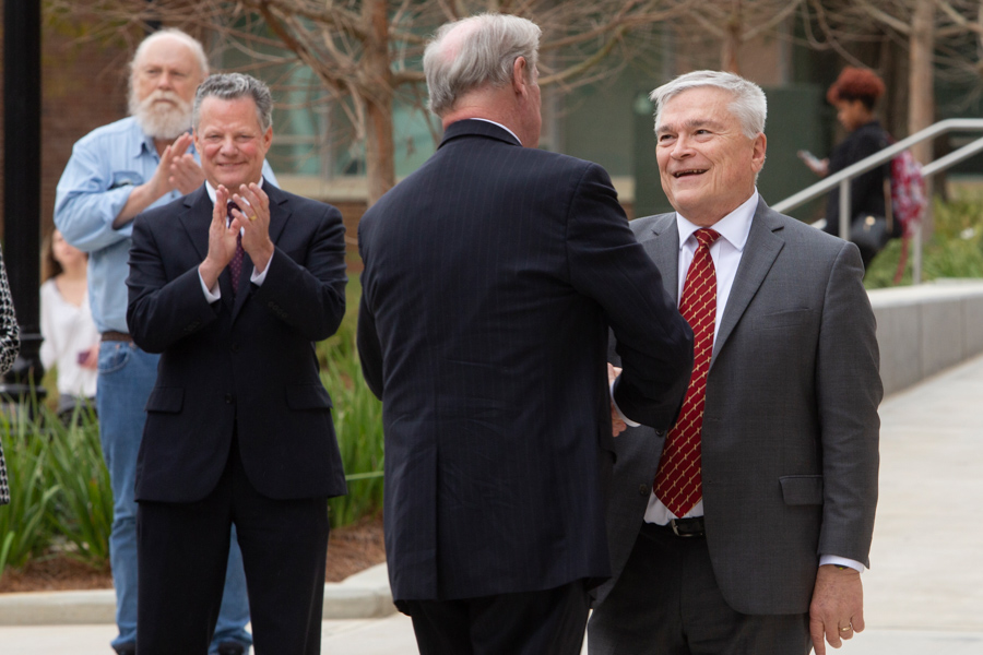 Former President Barron shakes hands with President Thrasher (FSU Photography Services)
