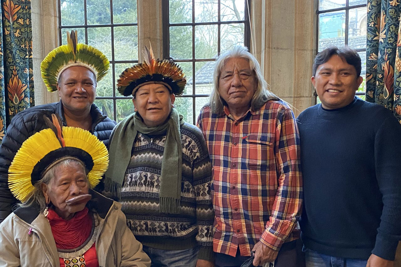 Indigenous leaders Cacique Megaron, Bepro, Raoni Metuktire, and Davi and Dário Kopenawa attended the Amazon conference held at Oxford Jan. 30-Feb. 2.