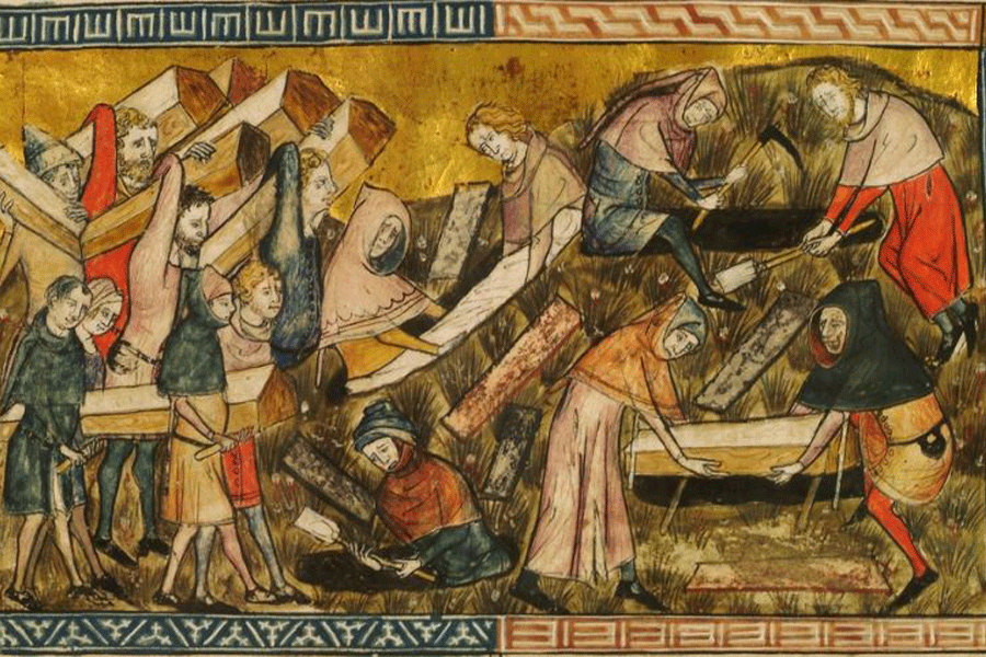 A 14th century depiction of the burial of plague victims at Tournai in present-day Belgium. Courtesy of Wikimedia Commons.