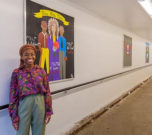 Myah Freeman, the recipient of the 2020 President’s Undergraduate Humanitarian of the Year Award, led a project that added six paintings to the DeGraff Tunnel on FSU’s campus in an effort to support the enhancement of the student experience. (FSView, Emma Moody)