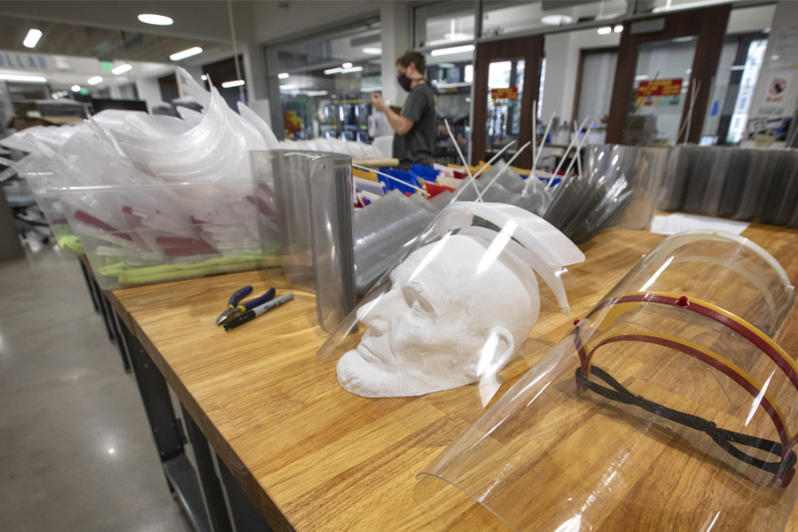 Face shields under construction at the Innovation Hub. (FSU Photogaphy Services)