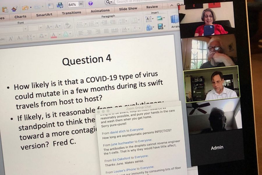 Jonathan Dennis (third from top), the Pfeiffer Endowed Professorship for Cancer Research in FSU’s Department of Biological Science, presents up-to-the-minute COVID-19 findings during his OLLI class.