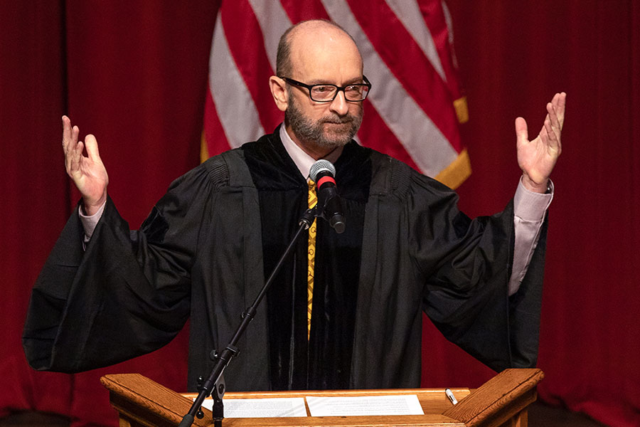 Teaching professor Mark Zeigler delivers the keynote address during FSU's virtual spring commencement ceremony, which was streamed May 2, 2020. (FSU Photography Services)