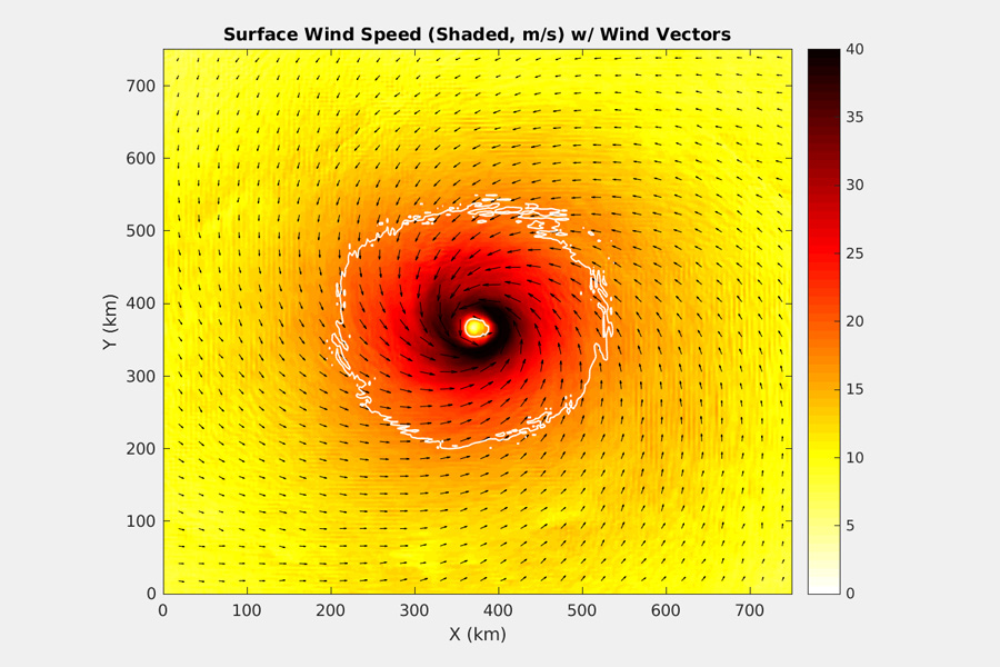 An image of the simulated wind field around a modeled hurricane. (Courtesy of Jacob Carstens)