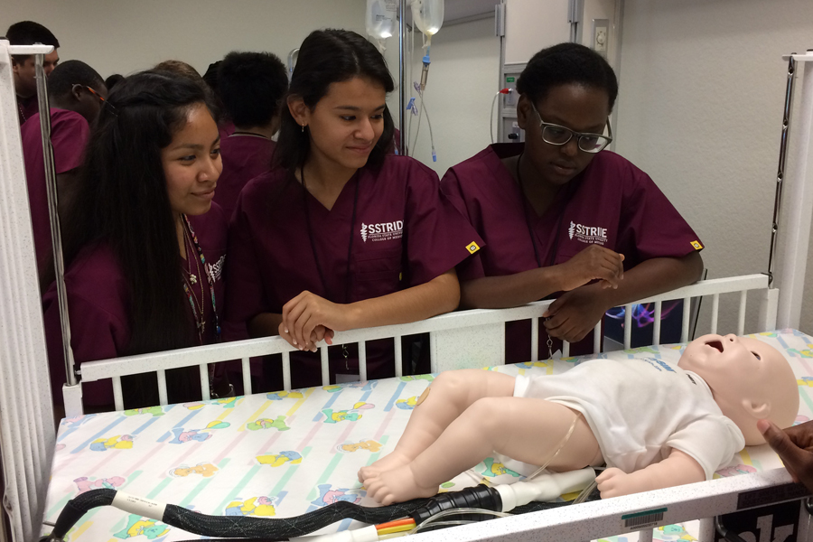 From left, SSTRIDE students Britney Garcia, Gisselle Nava and Ruth Bellevue observe how to take a brachial pulse in a baby. Courtesy of FSU College of Medicine
